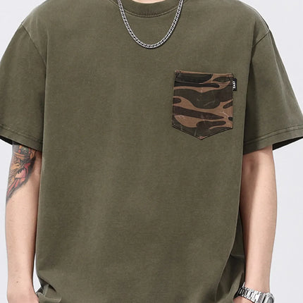 Plus size men's round neck short sleeve t-shirt with camo pocket in olive green, slightly stretchy cotton blend fabric.
