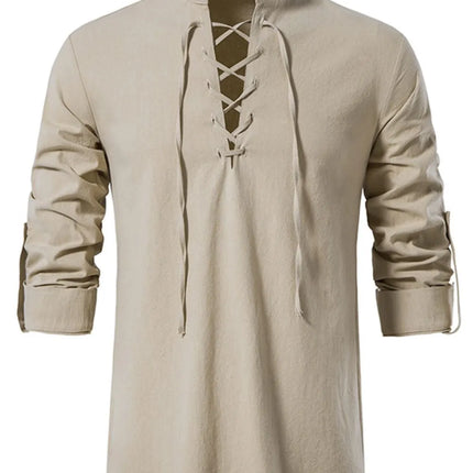 Men's beige long sleeve lace up blouse made of 100% cotton with a basic style and machine washable design