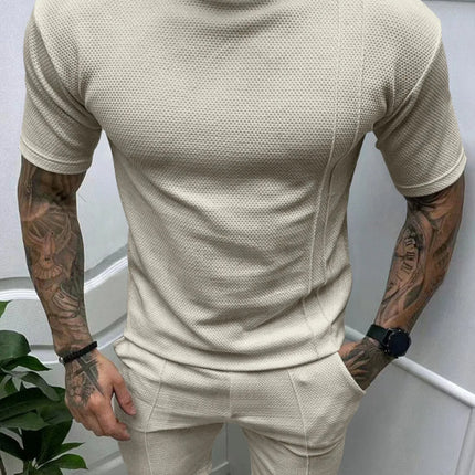 Men's full size beige round neck short sleeve tee and shorts set in breathable lightweight fabric