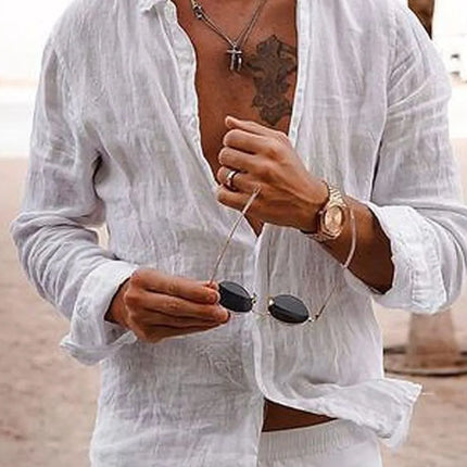 Men's full size button up long sleeve white shirt in lightweight fabric with slight stretch