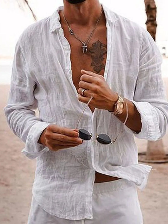 Men's full size button up long sleeve white shirt in lightweight fabric with slight stretch