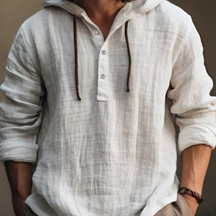 Men's full size long sleeve half button hoodie in lightweight white cotton with hood and drawstrings