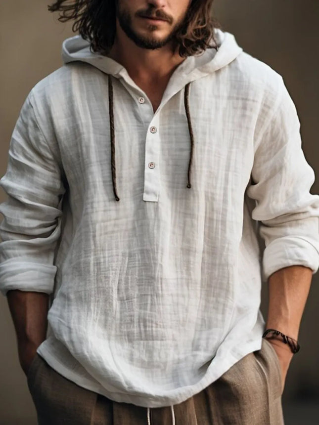Men's full size long sleeve half button hoodie in lightweight white cotton with hood and drawstrings