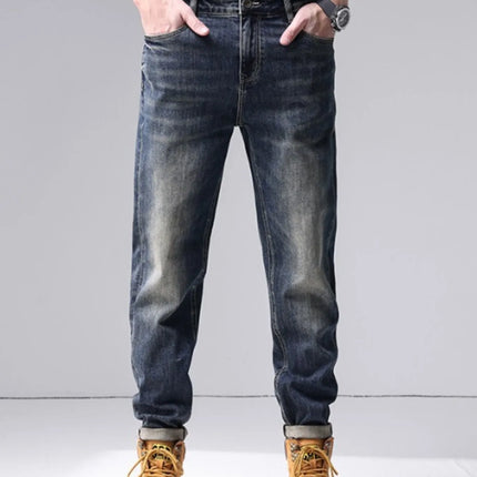 Men's washed straight leg jeans with slight stretch and pocketed design in dark faded denim