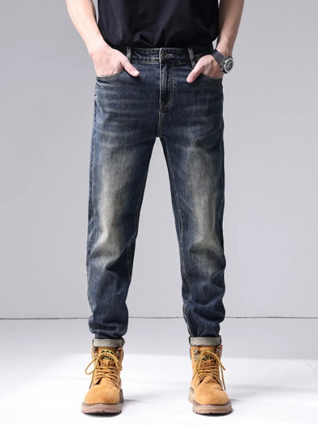 Men's washed straight leg jeans with slight stretch and pocketed design in dark faded denim
