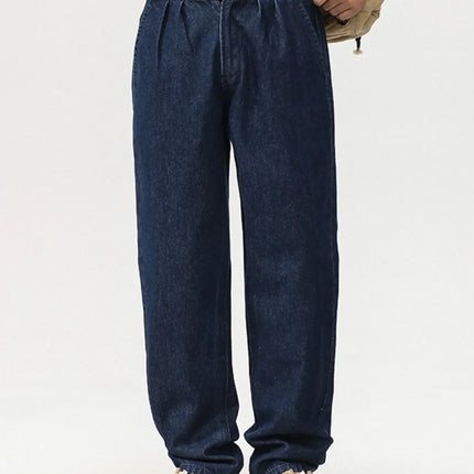 Men's plus size wide leg jeans in dark blue 100% cotton with adjustable waist and no stretch.
