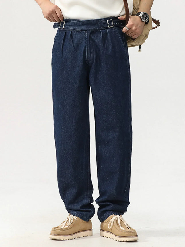 Men's plus size wide leg jeans in dark blue 100% cotton with adjustable waist and no stretch.