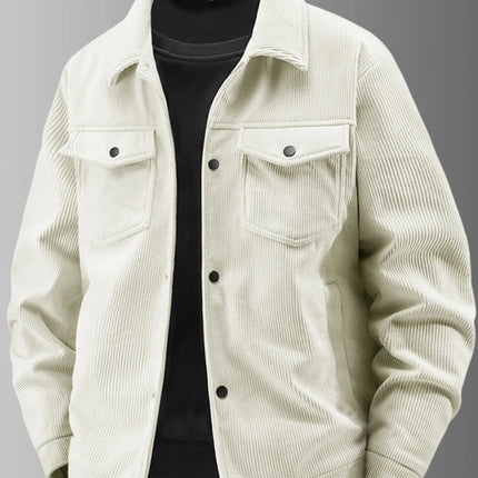 Men's plus size cream corduroy button-up jacket with chest pockets and black inner shirt