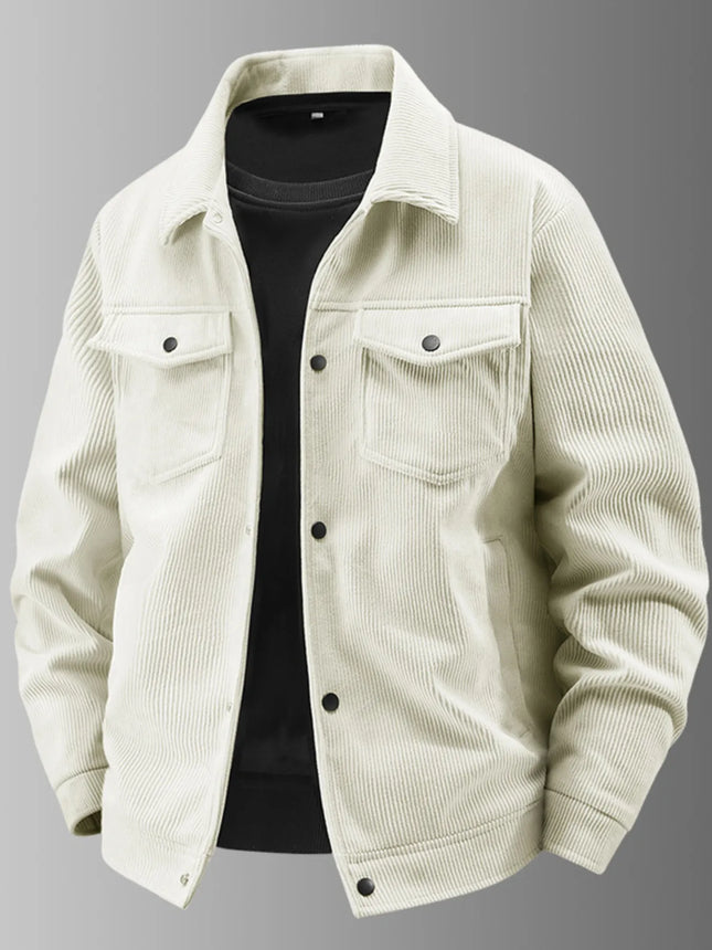 Men's plus size cream corduroy button-up jacket with chest pockets and black inner shirt