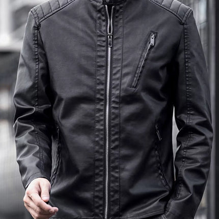 Men's plus size black zip-up long sleeve jacket with pockets and stand collar