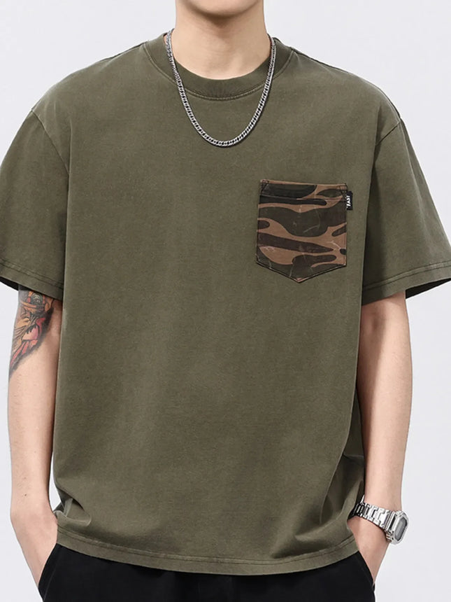Plus size men's round neck short sleeve t-shirt with camo pocket in olive green, slightly stretchy cotton blend fabric.