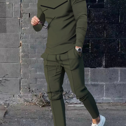Men's plus size two-piece long sleeve top and pants set with drawstring pockets in olive green