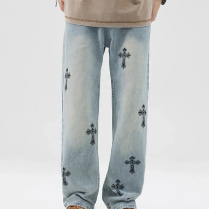 Men's light blue full size cross wide leg jeans with washed finish and pocket details
