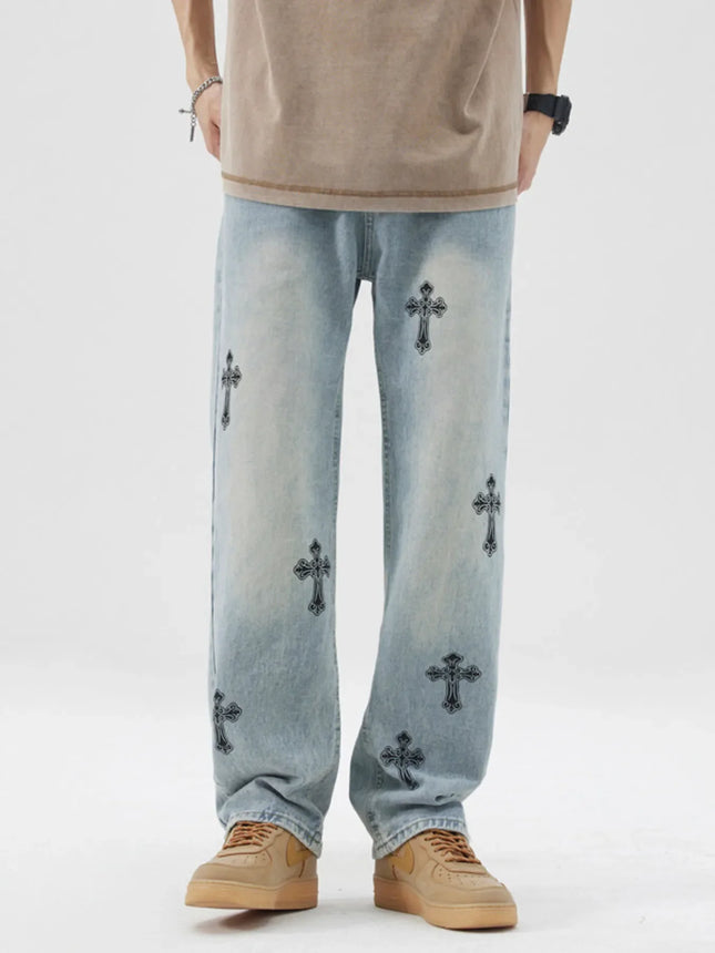 Men's light blue full size cross wide leg jeans with washed finish and pocket details