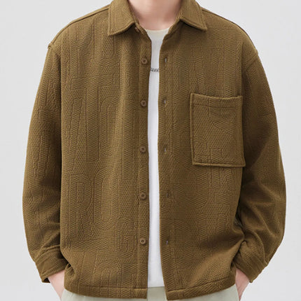 Men's plus size button-up long sleeve shirt in brown with front pocket and oversized fit
