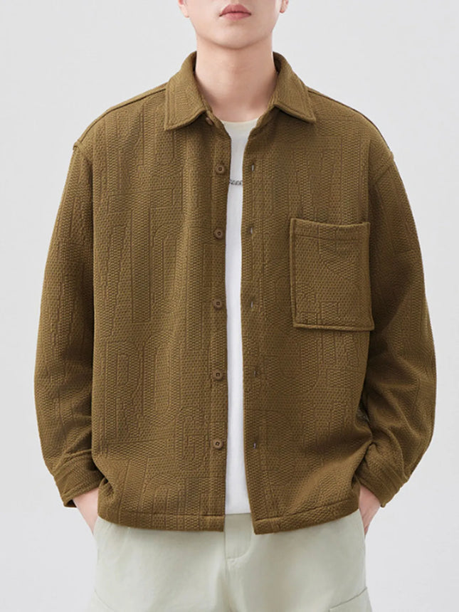 Men's plus size button-up long sleeve shirt in brown with front pocket and oversized fit