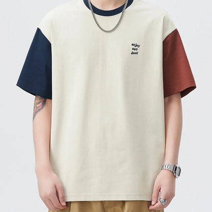 Men's plus size oversized color block t-shirt with navy and brown sleeves, slightly stretchy cotton blend fabric