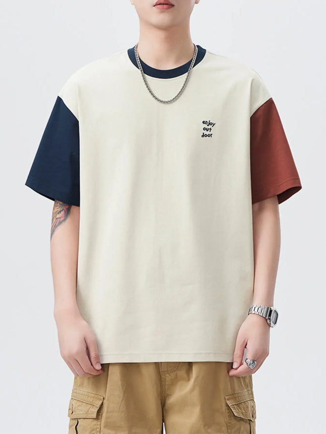 Men's plus size oversized color block t-shirt with navy and brown sleeves, slightly stretchy cotton blend fabric