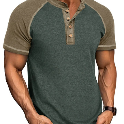 Men's raglan henley color block t-shirt with button placket and short sleeves in green and brown tones