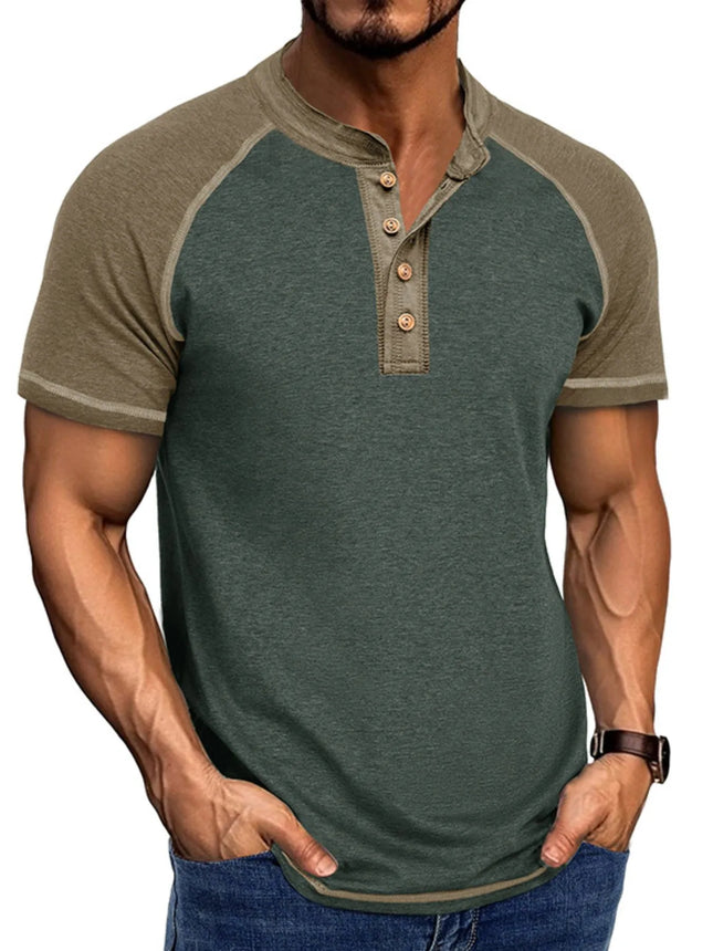 Men's raglan henley color block t-shirt with button placket and short sleeves in green and brown tones