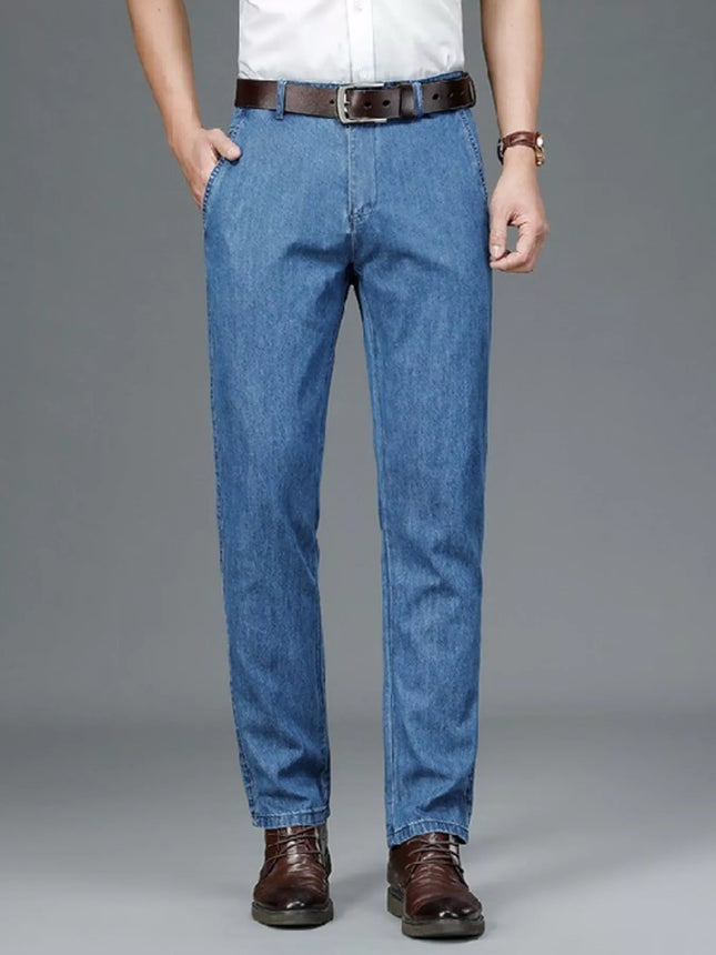 Men's straight leg jeans in blue denim with slight stretch, featuring pockets and a classic fit.