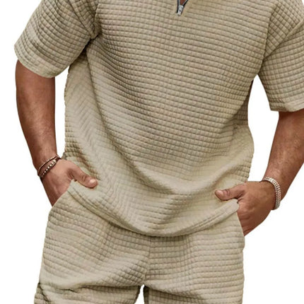Men's full size zip collar short sleeve top and shorts set in beige textured fabric with pockets