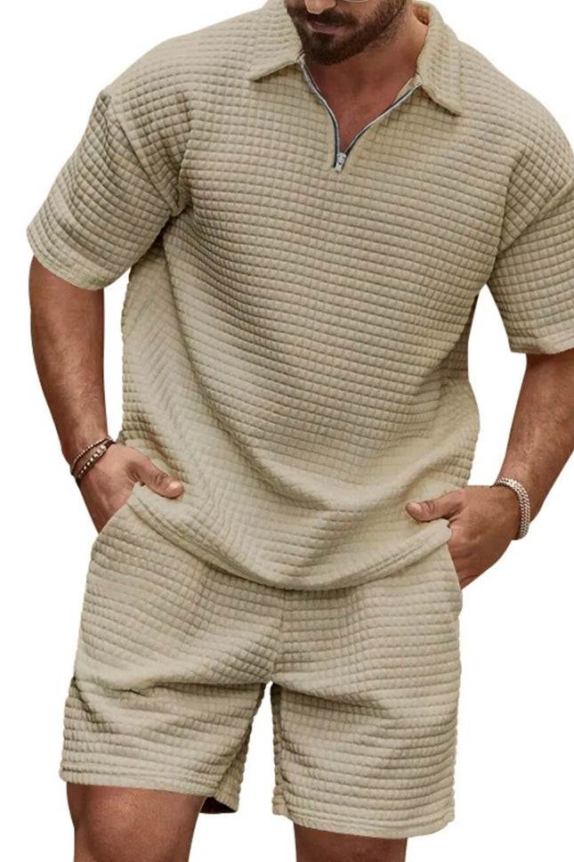 Men's full size zip collar short sleeve top and shorts set in beige textured fabric with pockets