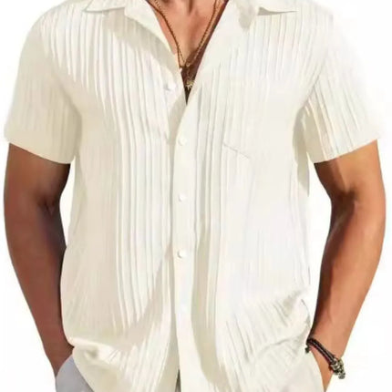 Men's white full size button up short sleeve shirt with slight stretch and basic style