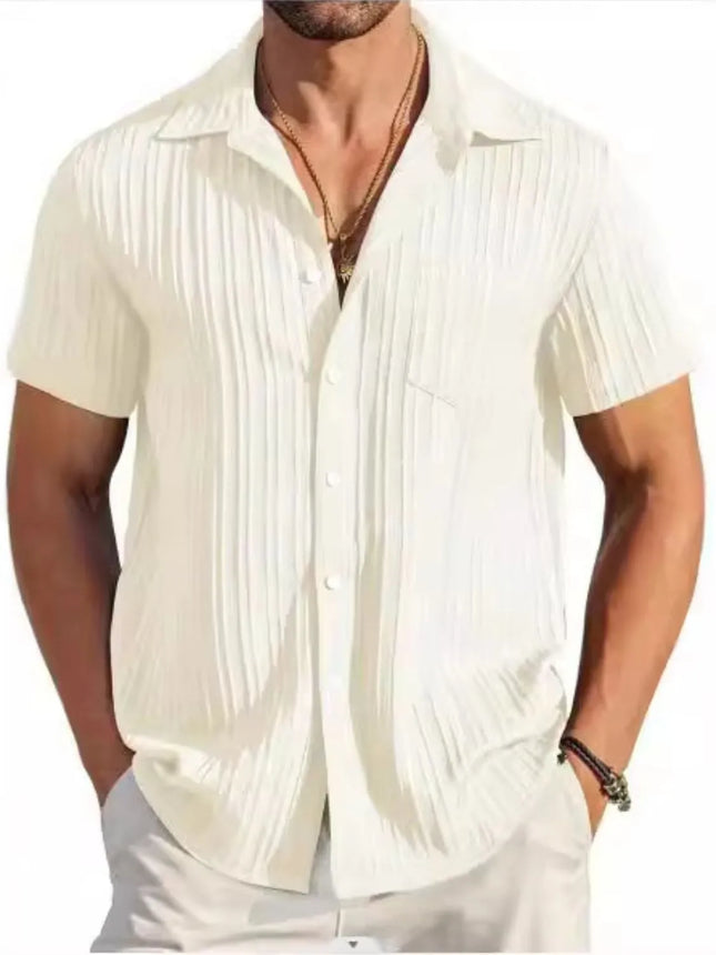 Men's white full size button up short sleeve shirt with slight stretch and basic style