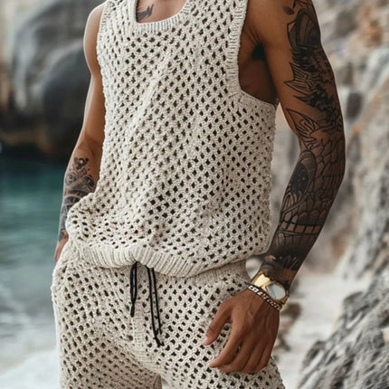 Men's plus size breathable hollow out round neck tank and shorts set in beige knit fabric