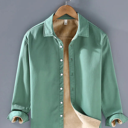 Men's plus size button up long sleeve shirt in green with buttoned front and beige inner lining.