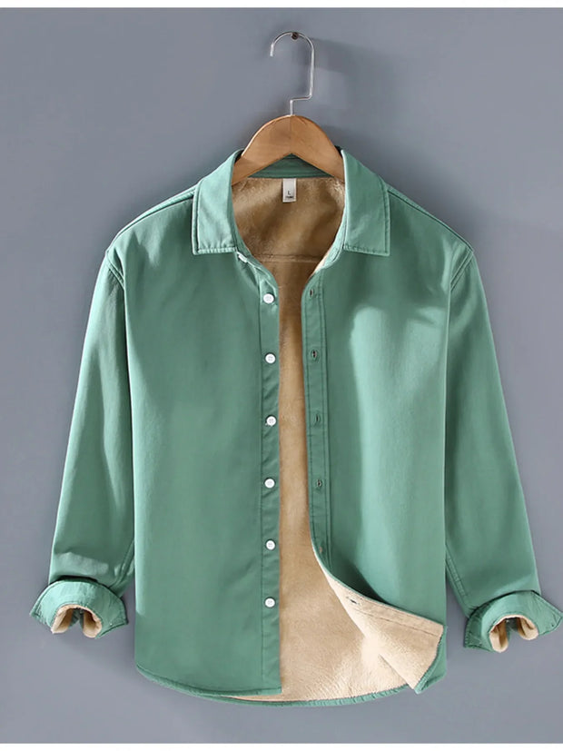 Men's plus size button up long sleeve shirt in green with buttoned front and beige inner lining.