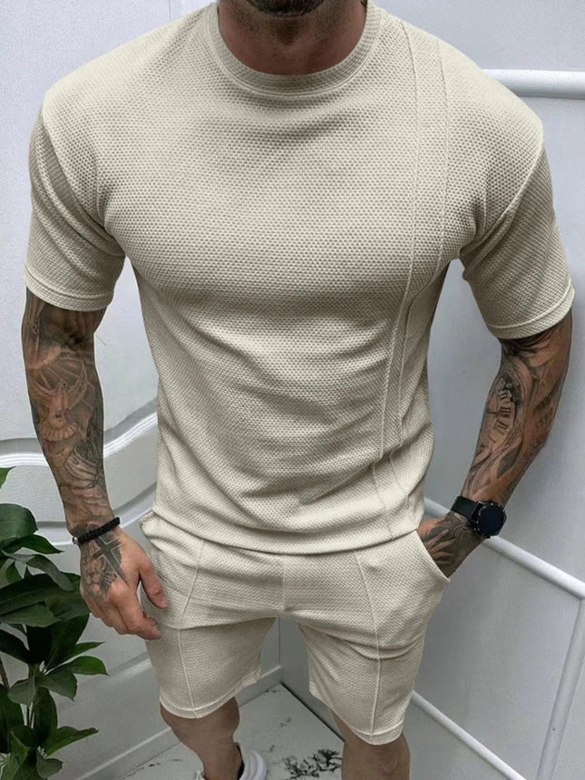 Men's full size beige round neck short sleeve tee and shorts set in breathable lightweight fabric