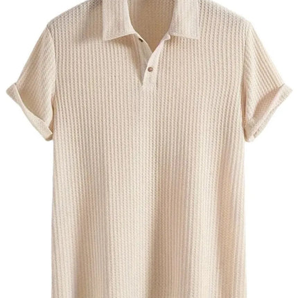 Men's beige waffle-knit short sleeve polo shirt with collared neck and button placket