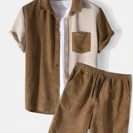 Men's full size color block button-up shirt and shorts set in brown and beige cotton with drawstring shorts