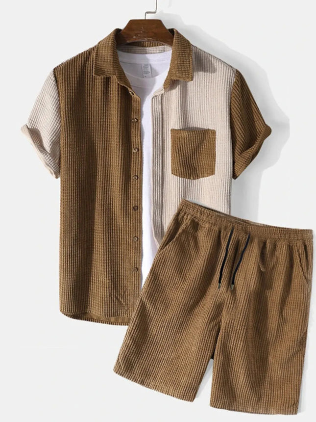 Men's full size color block button-up shirt and shorts set in brown and beige cotton with drawstring shorts