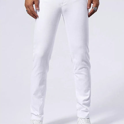 Men's white straight leg jeans with slight stretch, made of cotton blend fabric, styled in a basic fit