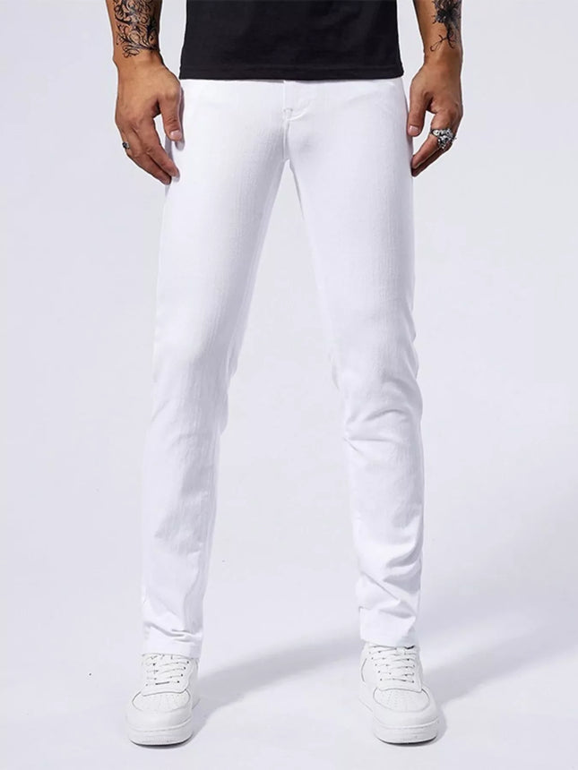 Men's white straight leg jeans with slight stretch, made of cotton blend fabric, styled in a basic fit