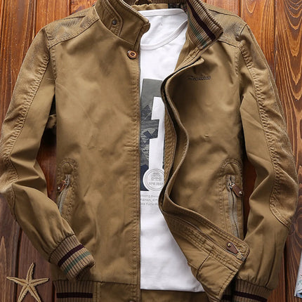 Plus size men's full size bomber jacket with ribbed cuffs and collar in brown polyester blend.