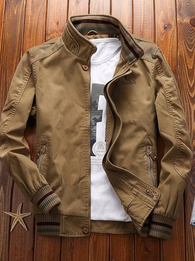 Plus size men's full size bomber jacket with ribbed cuffs and collar in brown polyester blend.