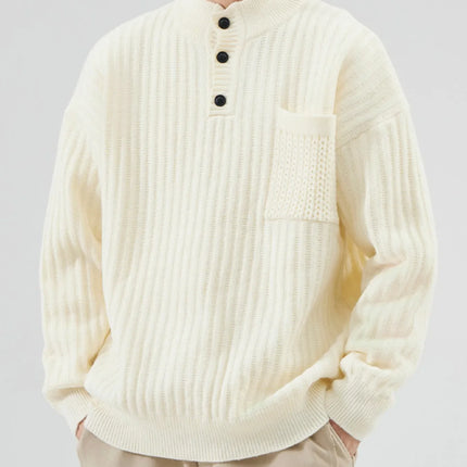 Men's full size button detail long sleeve ribbed sweater with pocket in cream color