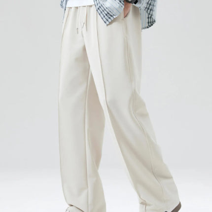 Men's full size casual loose fit drawstring wide leg pants in beige with pockets