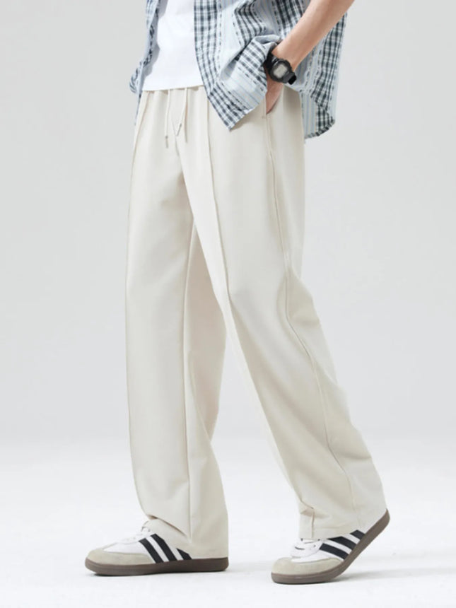 Men's full size casual loose fit drawstring wide leg pants in beige with pockets