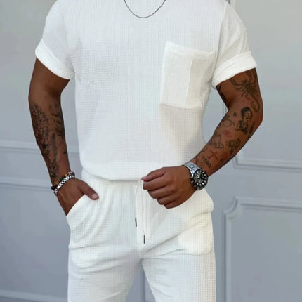 Men's full size white round neck short sleeve top and shorts set with drawstring and pocket detail
