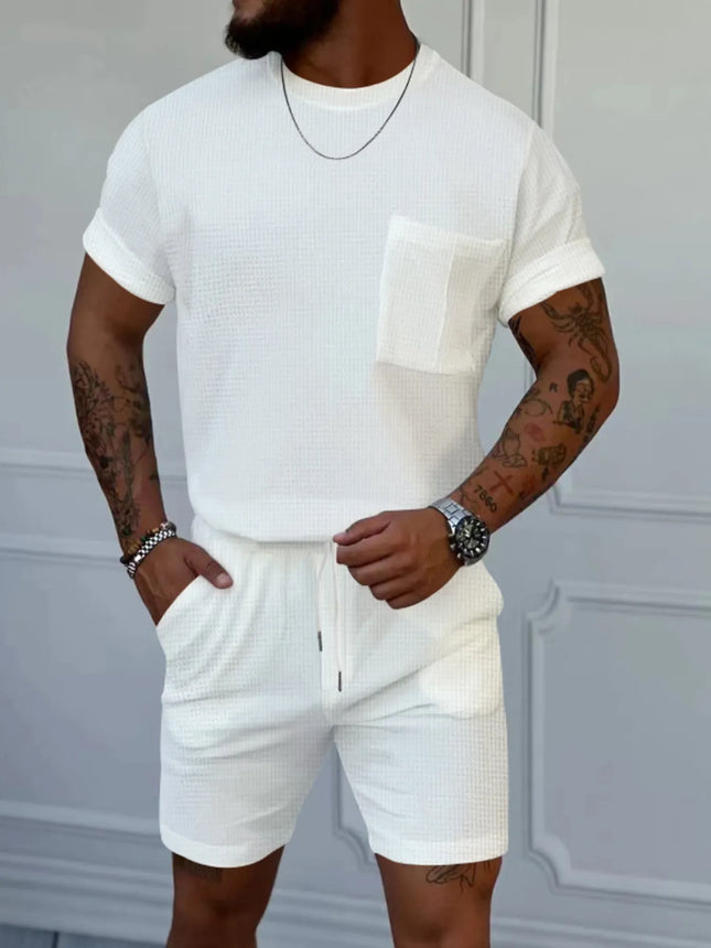 Men's full size white round neck short sleeve top and shorts set with drawstring and pocket detail