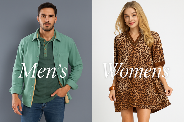 Combined banner image featuring both men's and women's sections with models wearing your products
