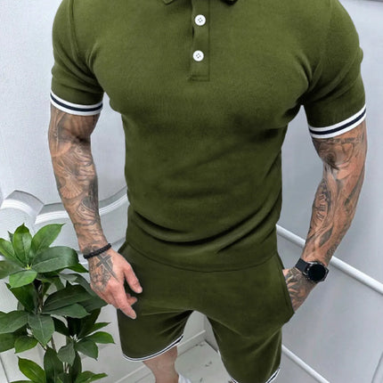 Men's short sleeve olive green polo shirt and matching shorts set with buttoned collar and striped sleeve cuffs