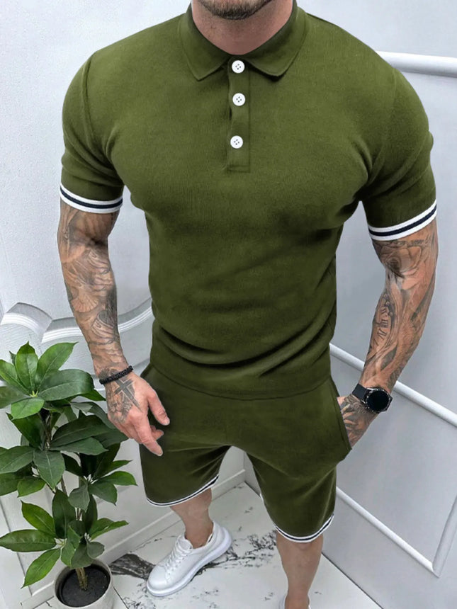 Men's short sleeve olive green polo shirt and matching shorts set with buttoned collar and striped sleeve cuffs