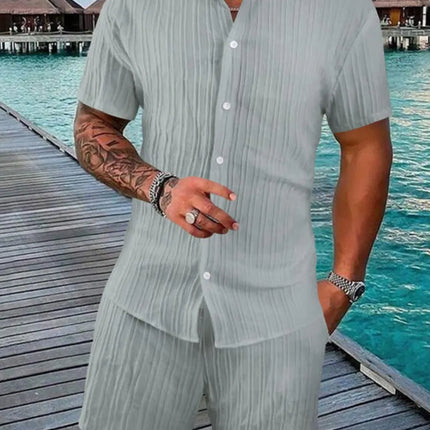 Men's full size button down short sleeve shirt and shorts set in light grey with slight stretch, made of 95% polyester and 5% cotton.