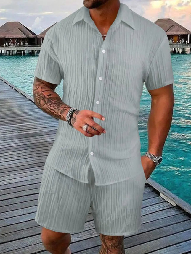 Men's full size button down short sleeve shirt and shorts set in light grey with slight stretch, made of 95% polyester and 5% cotton.